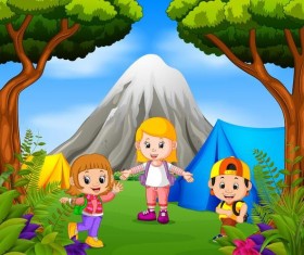 camping with kids cartoon vector