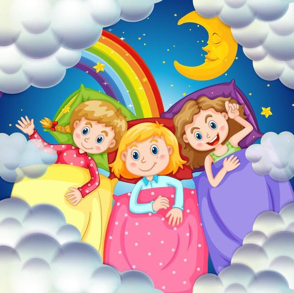 cartoon kids with rainbow and moon vector
