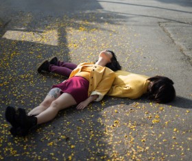 girls with funny peculiar posing style Stock Photo