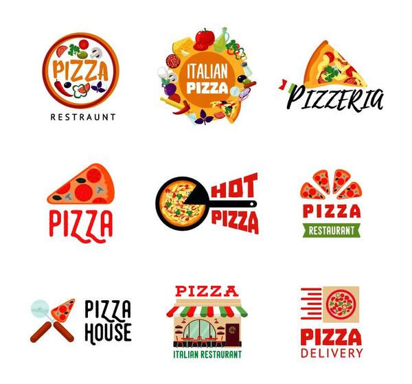 9 Kind pizza logos design vector
