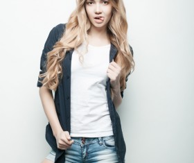 Beautiful girl in black coat Stock Photo 02