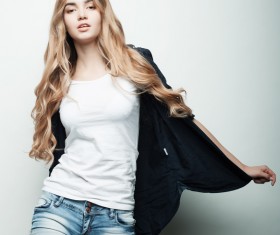 Beautiful girl in black coat Stock Photo 03