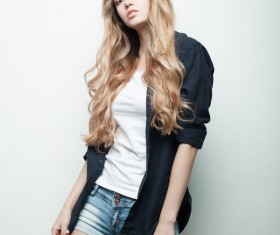 Beautiful girl in black coat Stock Photo 06