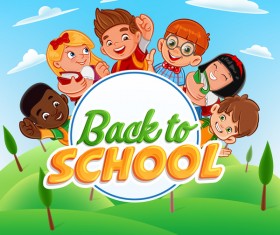Cartoon kids with back to school background vector 01