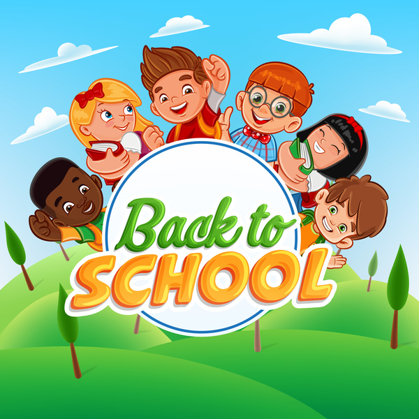 Cartoon kids with back to school background vector 01