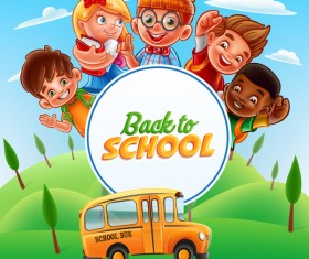 Cartoon kids with back to school background vector 02