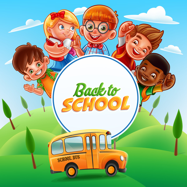 Cartoon Kids With Back To School Background Vector 02 Free Download