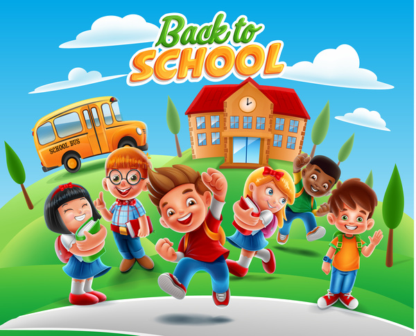 Cartoon kids with back to school background vector 04