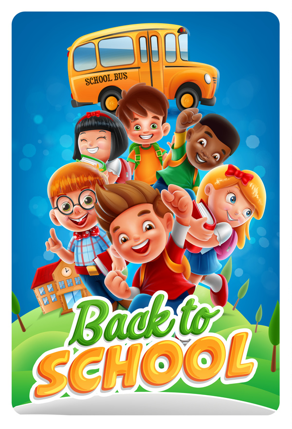 Cartoon Kids With Back To School Background Vector 05 Free Download