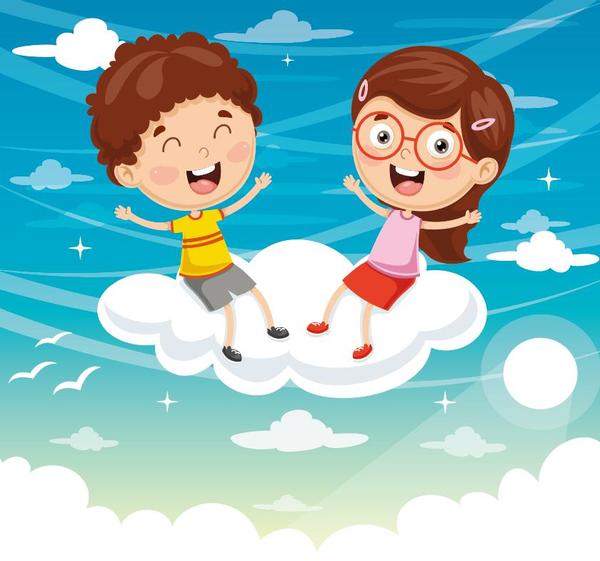 Cartoon kids with cloud vector free download