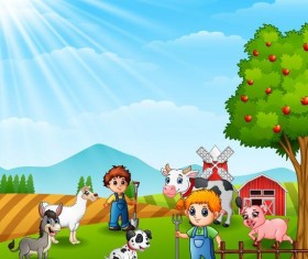 Cartoon kids with cute animal vector