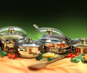 Cookware and food on the table Stock Photo