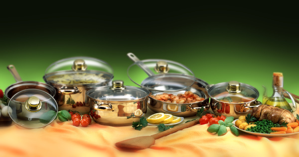 Cookware and food on the table Stock Photo