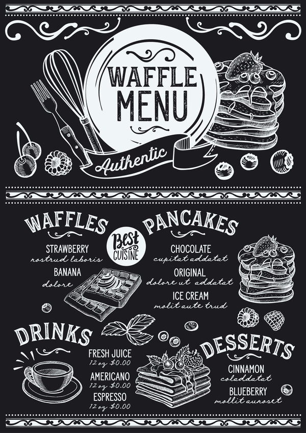 Crepes waffles food menu dessert vectors