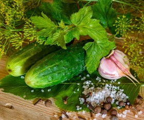 Cucumber garlic and spices on the desktop Stock Photo 02