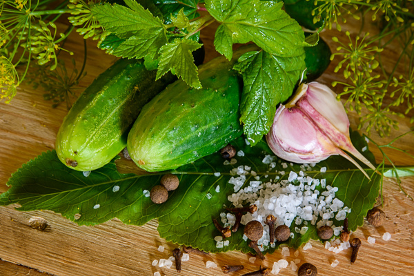 Cucumber garlic and spices on the desktop Stock Photo 03