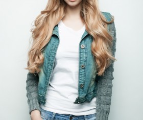 Cute girl wearing denim jacket Stock Photo 01