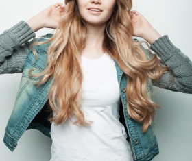 Cute girl wearing denim jacket Stock Photo 02