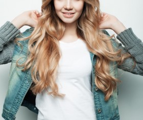 Cute girl wearing denim jacket Stock Photo 03