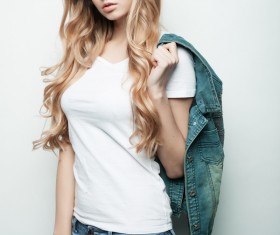 Cute girl wearing denim jacket Stock Photo 04