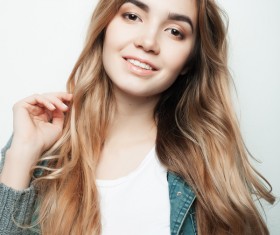 Cute girl wearing denim jacket Stock Photo 05
