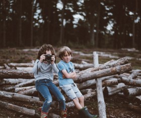 Cute young boys sitting on tree trunks Stock Photo