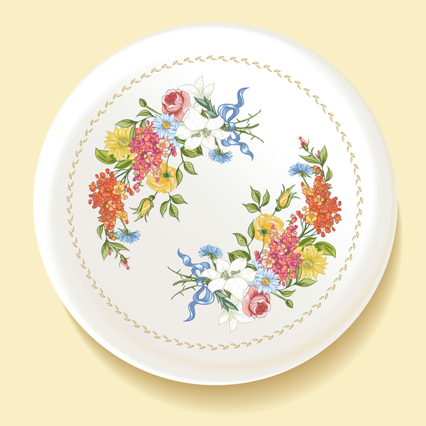 Dishes with decor flowers vectors 02
