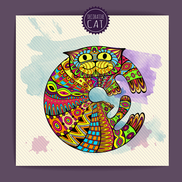 Ethnic decorative pattern with cat vector 03