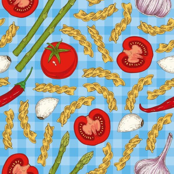 Fusilli flour with vegetables seamless pattern vector 05