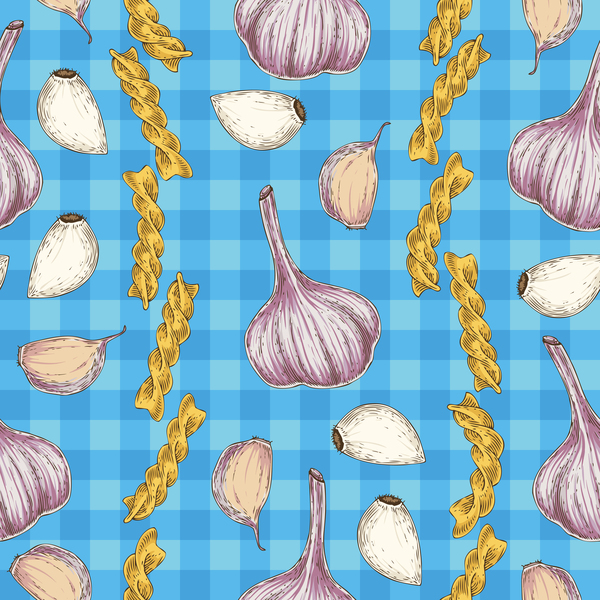 Garlic with fusilli flour seamless pattern vector