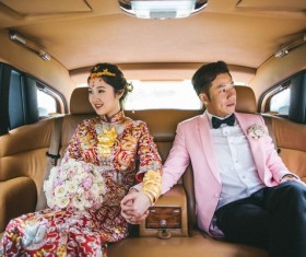 Happy marriage couple on car Stock Photo