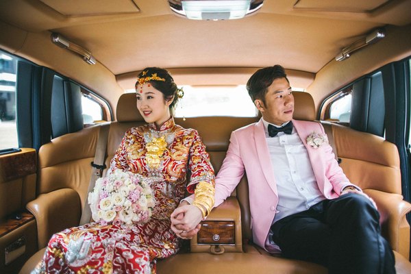 Happy marriage couple on car Stock Photo