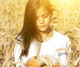 Little girl holding bread in wheat field Stock Photo 03