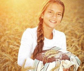 Little girl holding bread in wheat field Stock Photo 06