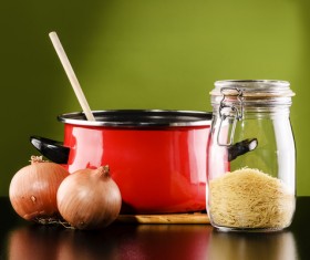 Onion and soup pot Stock Photo