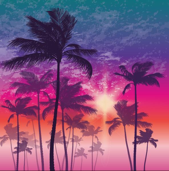 Palm tree with sunset landscape vector
