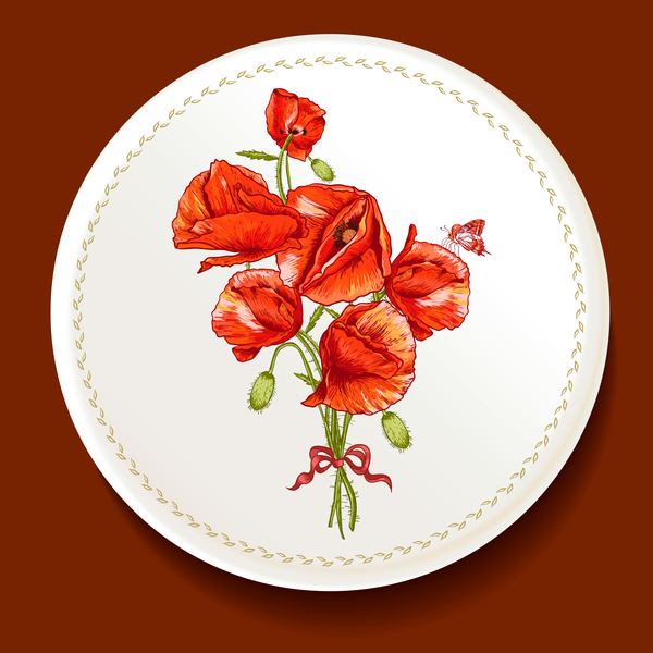 Red flower with dishes vector material 01