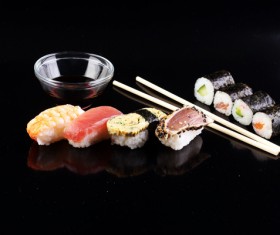 Sashimi with sushi and black background Stock Photo 01