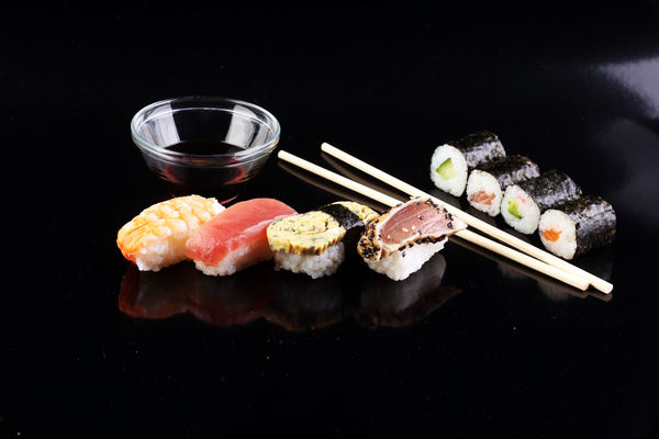 Sashimi with sushi and black background Stock Photo 01