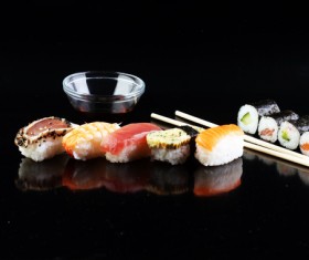 Sashimi with sushi and black background Stock Photo 04