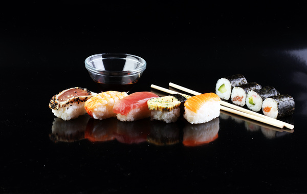 Sashimi with sushi and black background Stock Photo 04