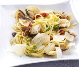 Seafood onion pasta Stock Photo