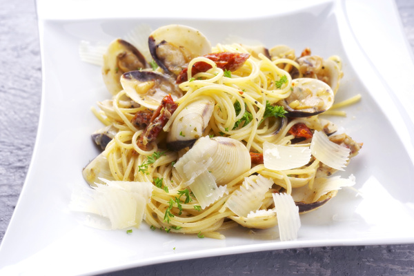 Seafood onion pasta Stock Photo