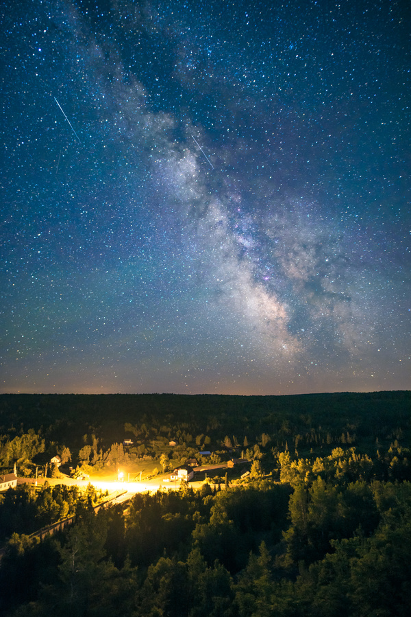 Sparkling starry sky above forest Stock Photo