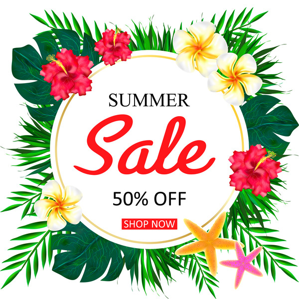Summer sale concept background with tropical flowers vector 01