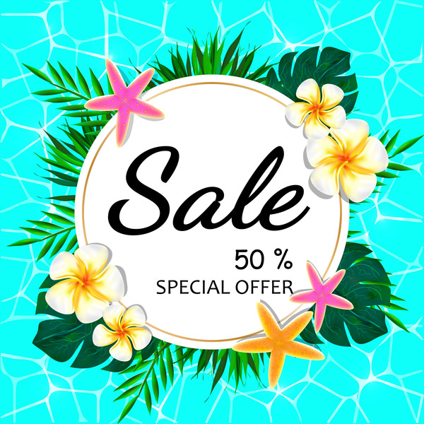 Summer sale concept background with tropical flowers vector 02