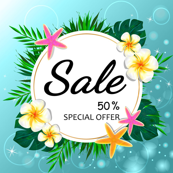 Summer sale concept background with tropical flowers vector 03