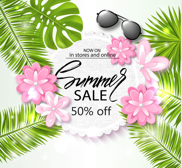 Tropical flower with summer sale background vector