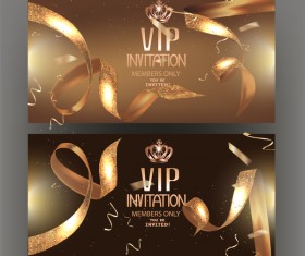 VIP golden banners with confetti and golden ribbons vector