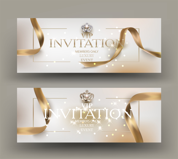 VIP invitation card with gold frame and ribbons vector